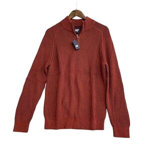 NEW Lands’ End Men’s M Ribbed Knit Sweater Mock neck Red Rust 100% Cotton i139